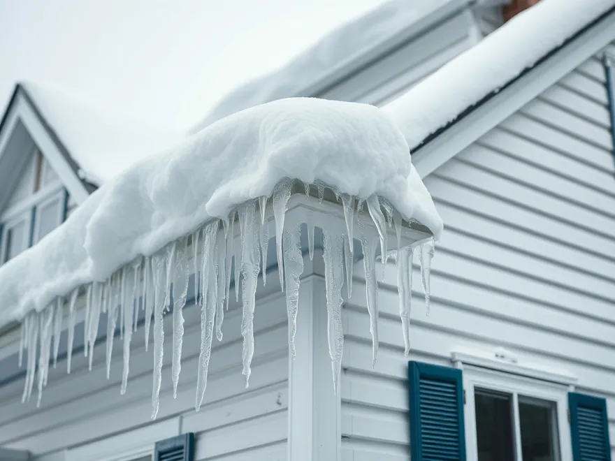 Snow piled at the eaves of a older two-storey house of the kind common in Monroe County